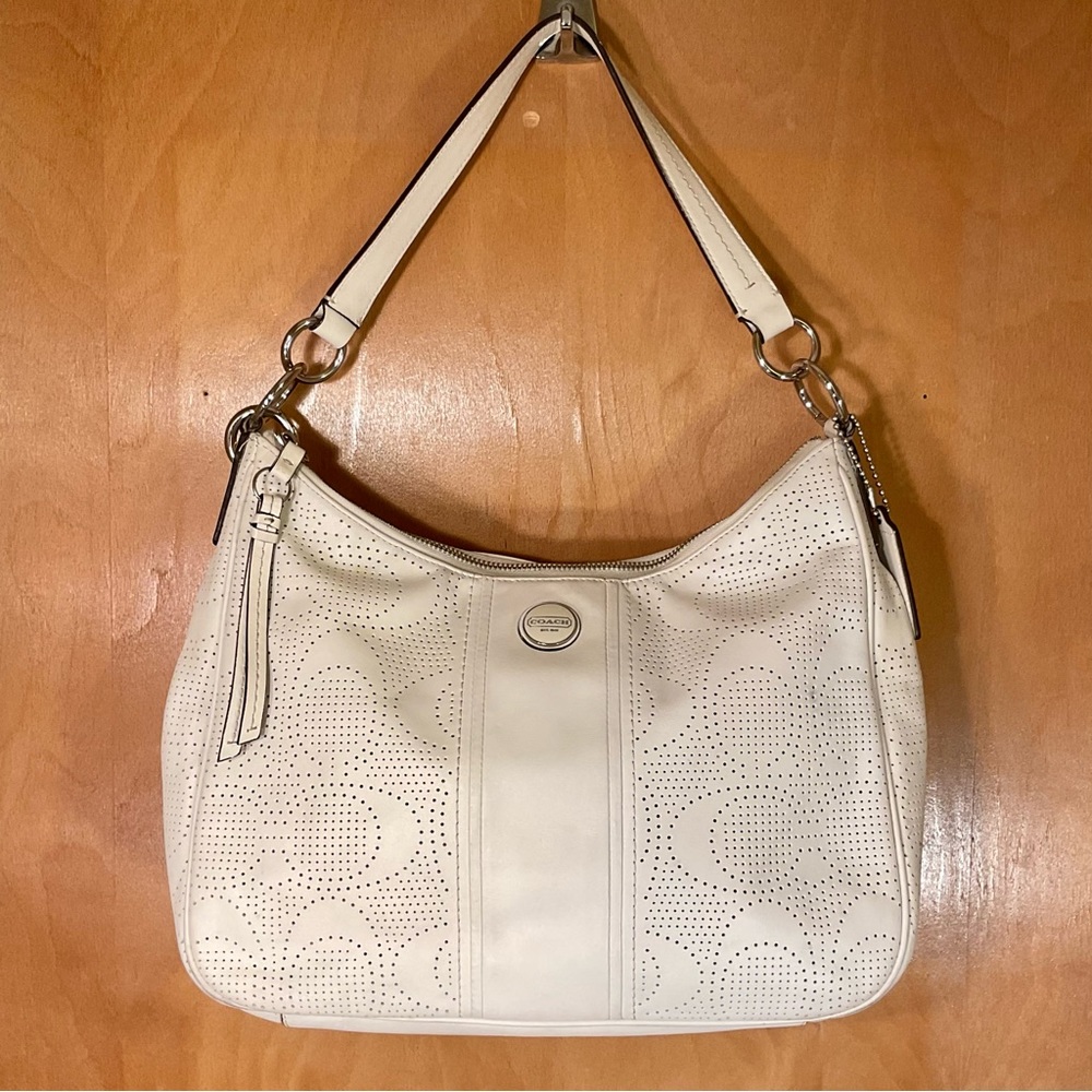 COACH White Perforated Leather Hobo Bag